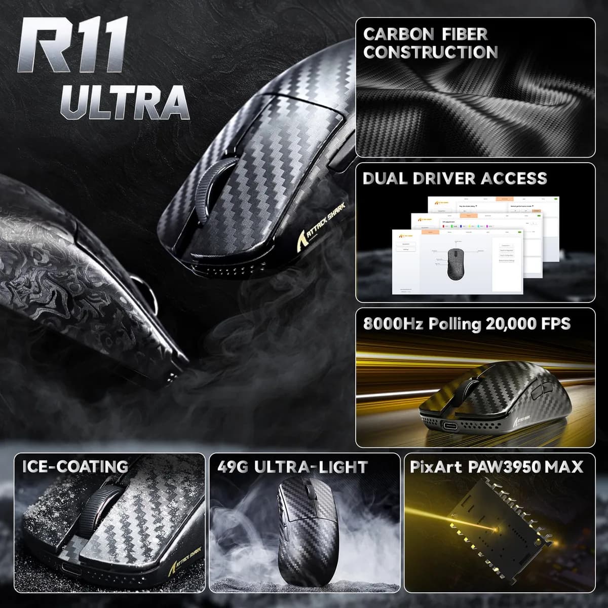 ATTACK SHARK R11 ULTRA Weave Black Wireless 8K 6
