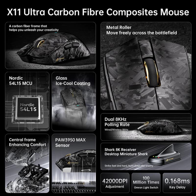 Attack Shark X11 ULTRA 8K Carbon Fiber Wireless 3