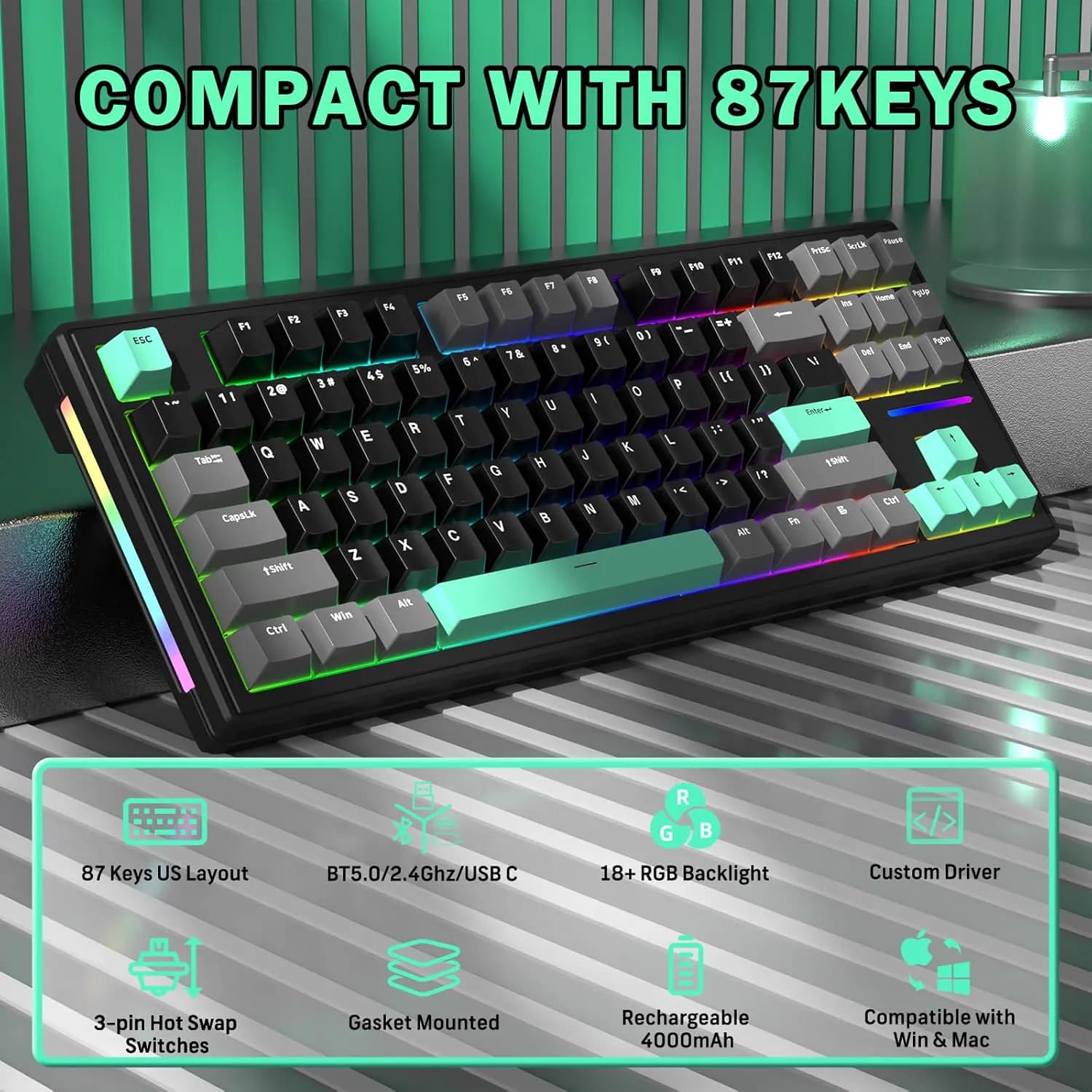 ATTACK SHARK M87 PRO V2 Tri-Mode Black + Green 3
